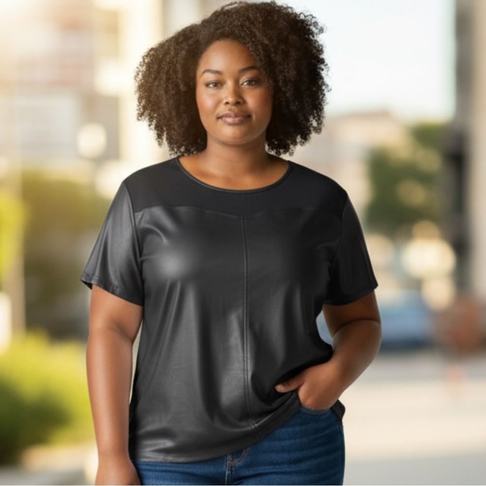 NEW with Tag Black Faux Leather Top Tee Shirt Plus Size OS/XXL